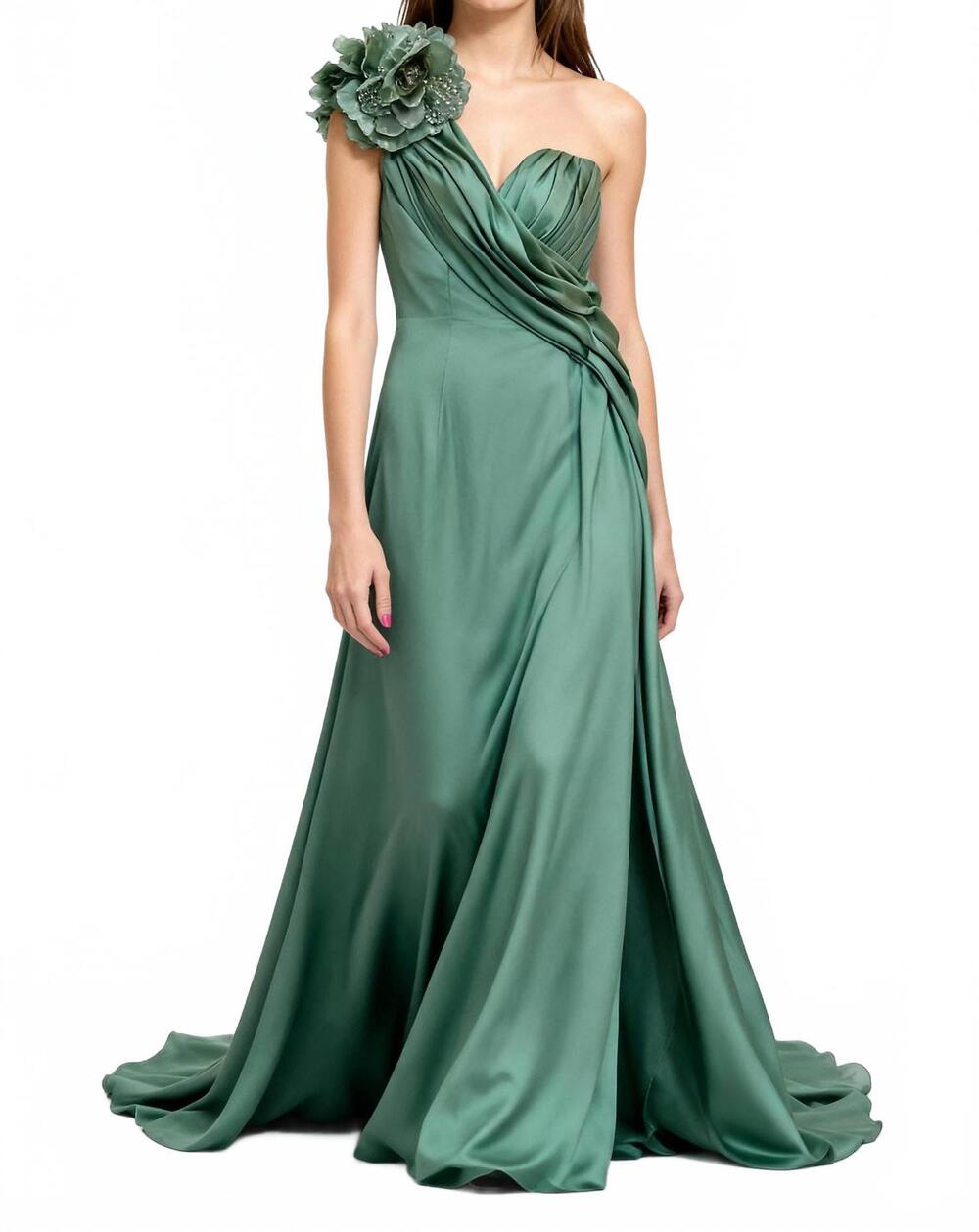 NEW YSA MAKINO floral accent one-shoulder evening gown in green